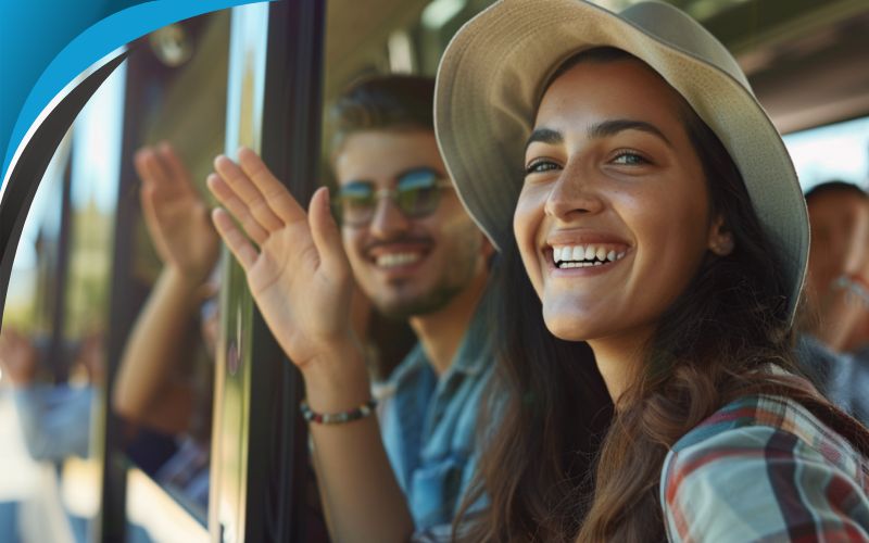 Employees waving from inside the bus, corporate travel, June 2024, Australia